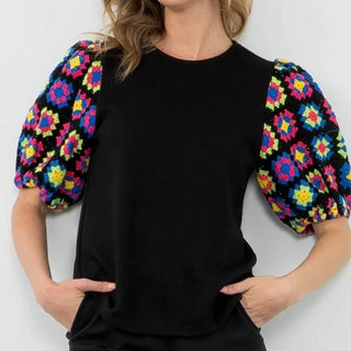 THML Vibrant Crochet Short Puff Sleeve Top