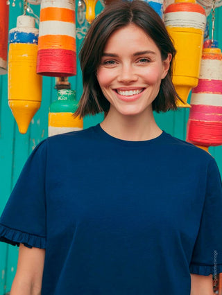 Villagallo Navy Tee with Ruffled Sleeves
