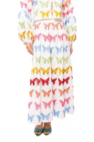 QOS White Butterfly Cotton Midi Skirt
