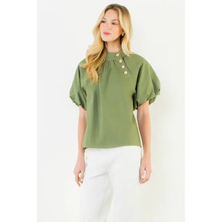THML Puff Sleeve Gold Tone Side Button Top
