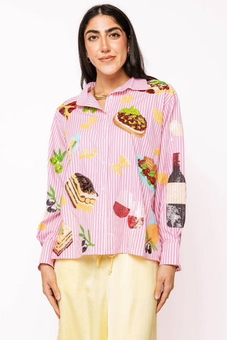 Queen of Sparkles Pink & White Stripe Italian Food Button Up Shirt