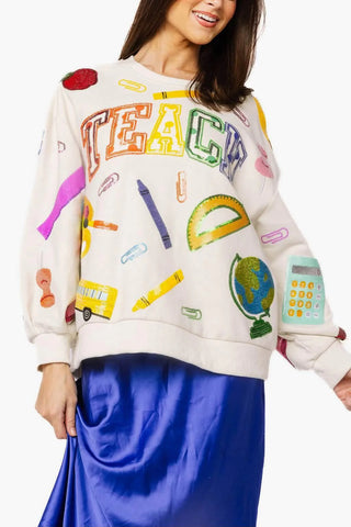 Queen of Sparkles Beige Multi Teach Scattered Icon Sweatshirt