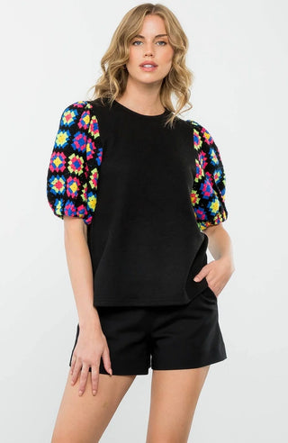 THML Vibrant Crochet Short Puff Sleeve Top