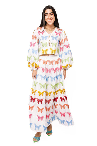 QOS White Butterfly Cotton Midi Skirt