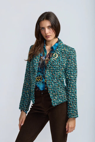OOlala Tweed Short Blazer with Brooch Detail