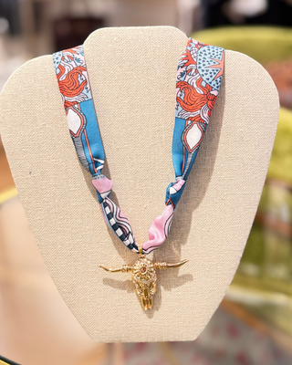 GS Steer Head Pendant Scarf Necklace - Teal Multi/Gold
