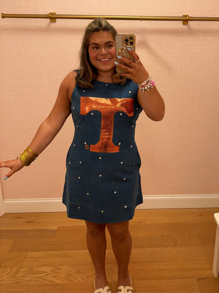 Queen of Sparkles Licensed Tennessee Scattered Jewel Denim Sequin Mascot Tank Dress