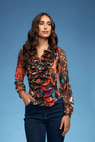 Animal Mix Media Ruffle Blouse