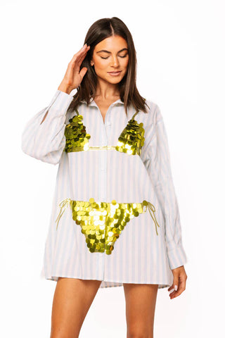 Blue & White Stripe Cotton Button Up With Gold Bikini Tunic