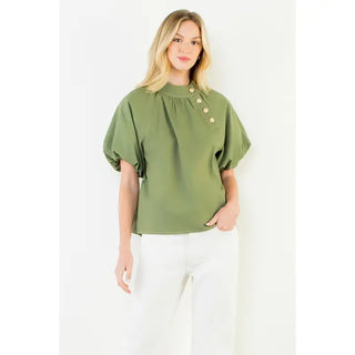 THML Puff Sleeve Gold Tone Side Button Top