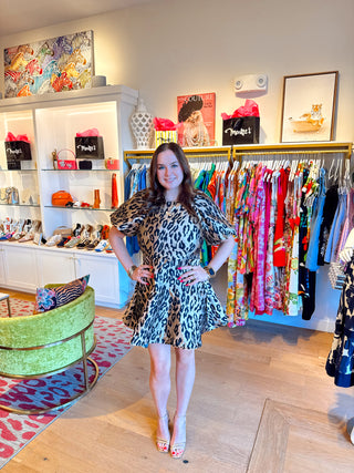 THML Puff Sleeve Metallic Cheetah Print Dress