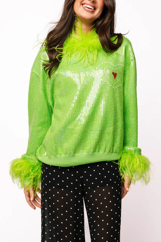Queen of Sparkles Sequins Feather Trim Grinch Sweater